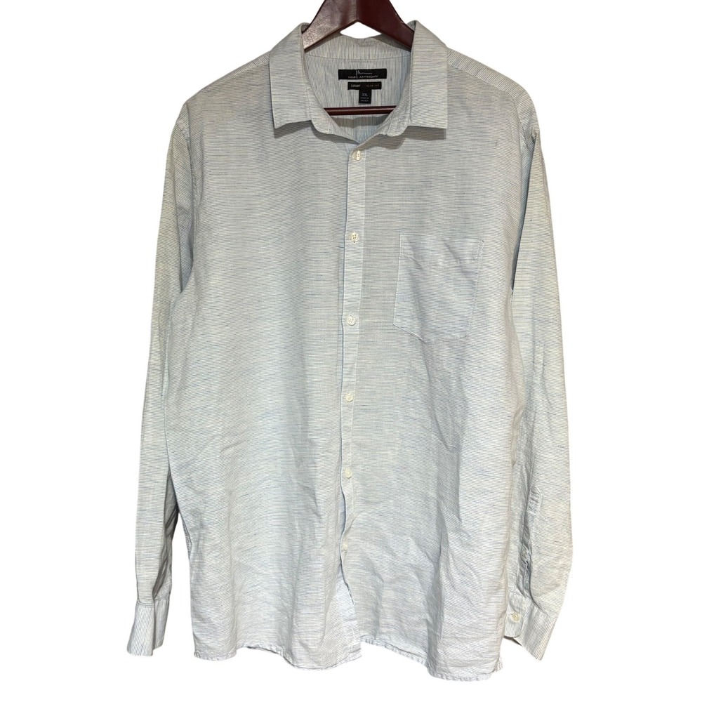 Marc Anthony Button Down Mens XXL Luxury Linen Slim Fit Light Blue Stripe Shirt